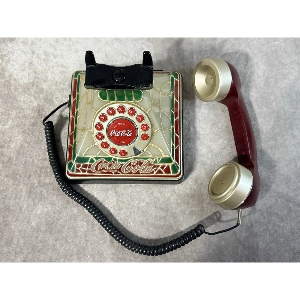 Vintage Coca Cola Tiffany Style Stained Glass Look Telephone w/ Light - UNTESTED